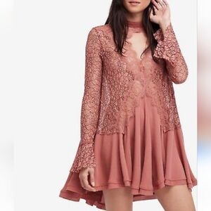 Free People Dusty Rose Bell Sleeve dress PTP - 16- 18” high- low - raw hem